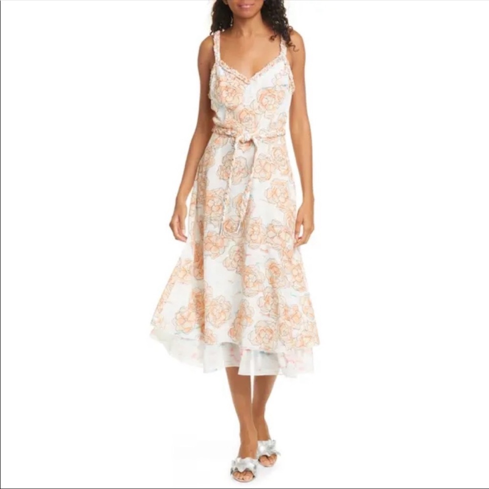 Dyvna Chacha Floral Braided Strap Silk Midi Dress In Peach Floral Overlay 8